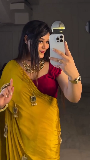 Mustard Yellow Pure Crepe Silk Saree with Mirror & Moti Work