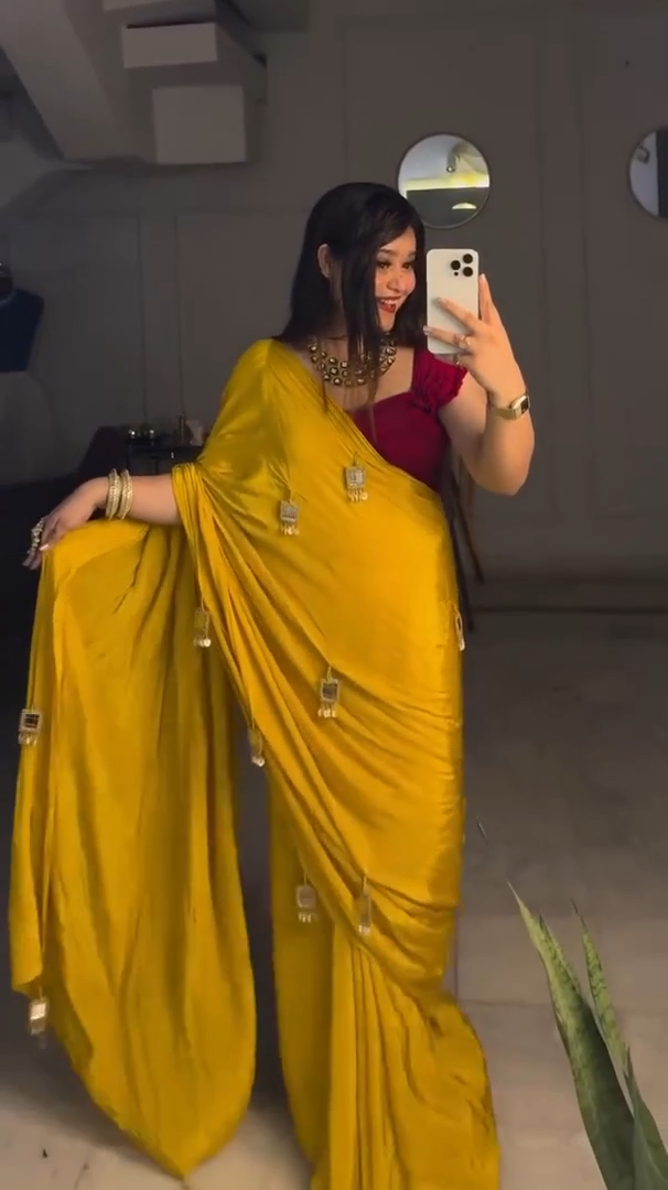 Mustard Yellow Pure Crepe Silk Saree with Mirror & Moti Work